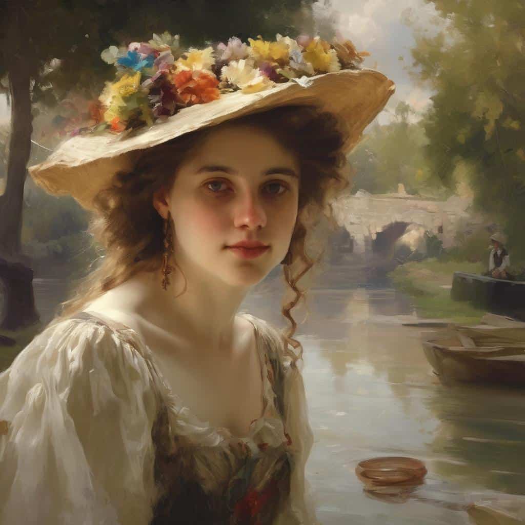 Λογοτεχνική εικόνα γυναίκας με καπέλο και λουλούδια, ρομαντικό σκηνικό με ποτάμι και γαλήνια ατμόσφαιρα.