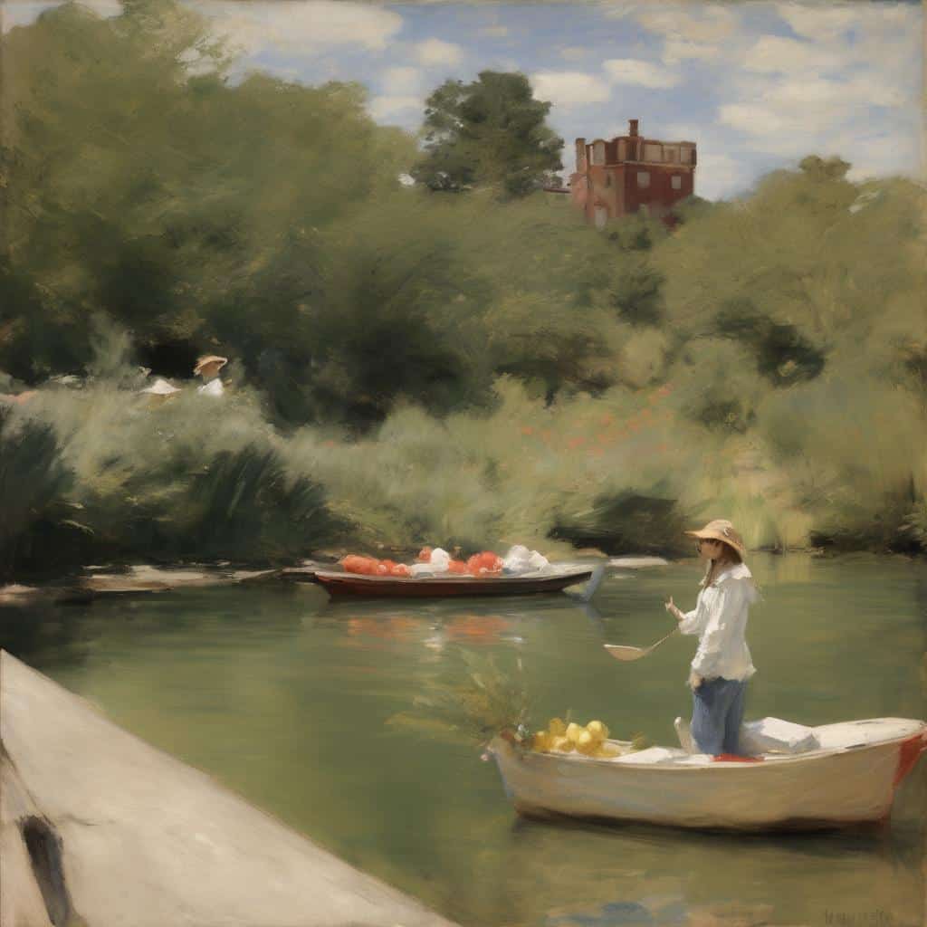 Παραδοσιακή τοπιογραφία με πλοιάρια και γυναίκα στη λίμνη, εμπνευσμένη από καλλιτεχνικές ιδέες που σημάδεψαν εποχές, ζωγραφική με έμφαση στη φύση και την ατμόσφαιρα.