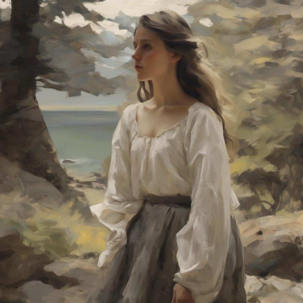 Ανθρωπος σε παραλία με τοπική αρχιτεκτονική και φυσικά τοπία, ζωγραφική μεσαιωνική τέχνη και σύγχρονες καλλιτεχνικές ιδέες, εικόνα που απεικονίζει εποχές και καλλιτεχνική έμπνευση, ποιοτική τέχνη και δημιουργικότητα, σύγχρονες και κλασικές εικαστικές ιδέες.